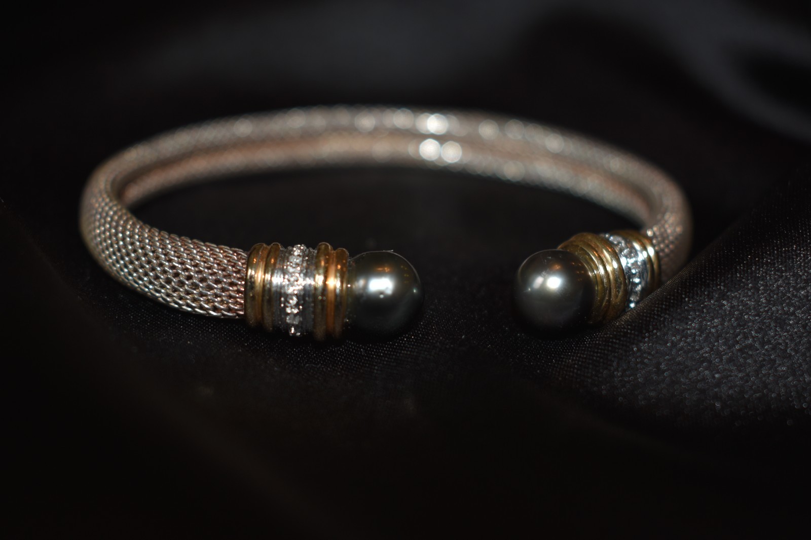 Sterling Silver Mesh Bangle Bracelet with 14K Gold and Tahitian Pearl Accents