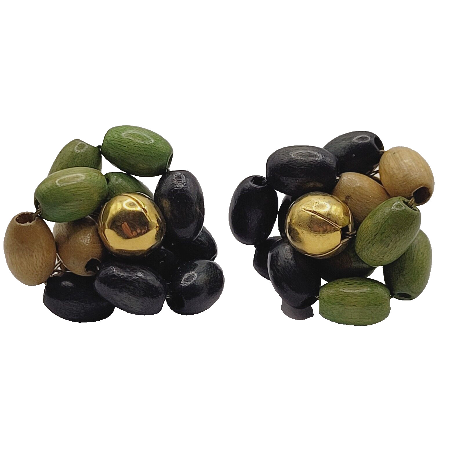 Hand Beaded Wood Bead Olive Black Tan Oval Cluster MCM 1950s Screw Back Earrings