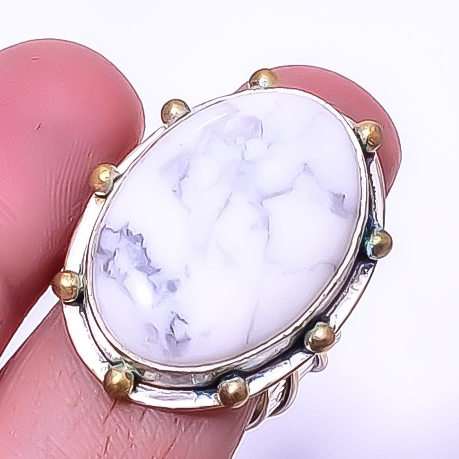 Howlite – Usa Gemstone 925 Sterling Silver Two Tone Gold Plated Ring s.8.5 A330
