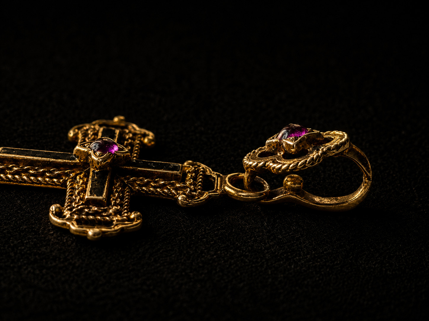 Antique Victorian 18K Gold Cross Pendant Black Enamel Natural Rubies Gothic 1870