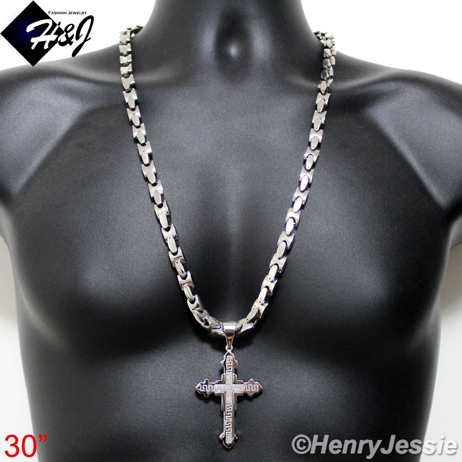 30″MEN Stainless Steel HEAVY 8mm Silver Interlock Bones Chain Necklace Pendant*K