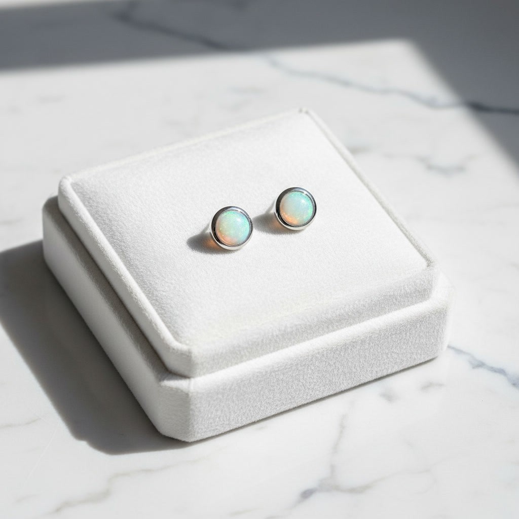Natural Fire Opal Earrings with Bezel Setting, Round Opal Stud Earrings 5mm