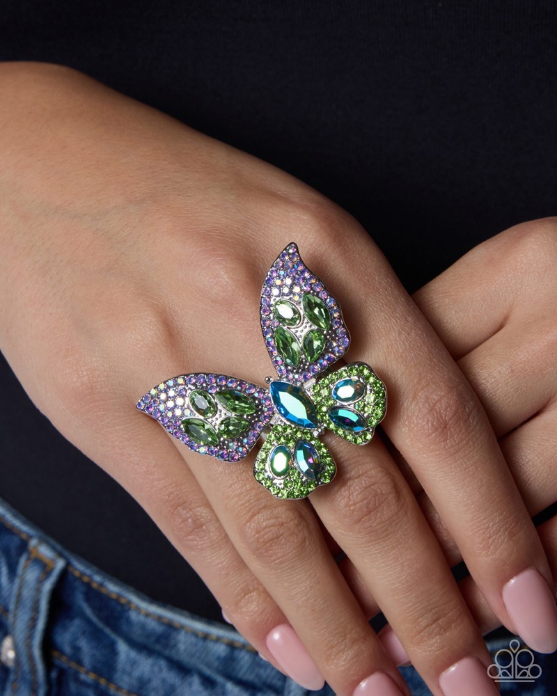 Paparazzi Shimmery Singularity – Green – Rhinestones – Green Gem – Butterfly Rin