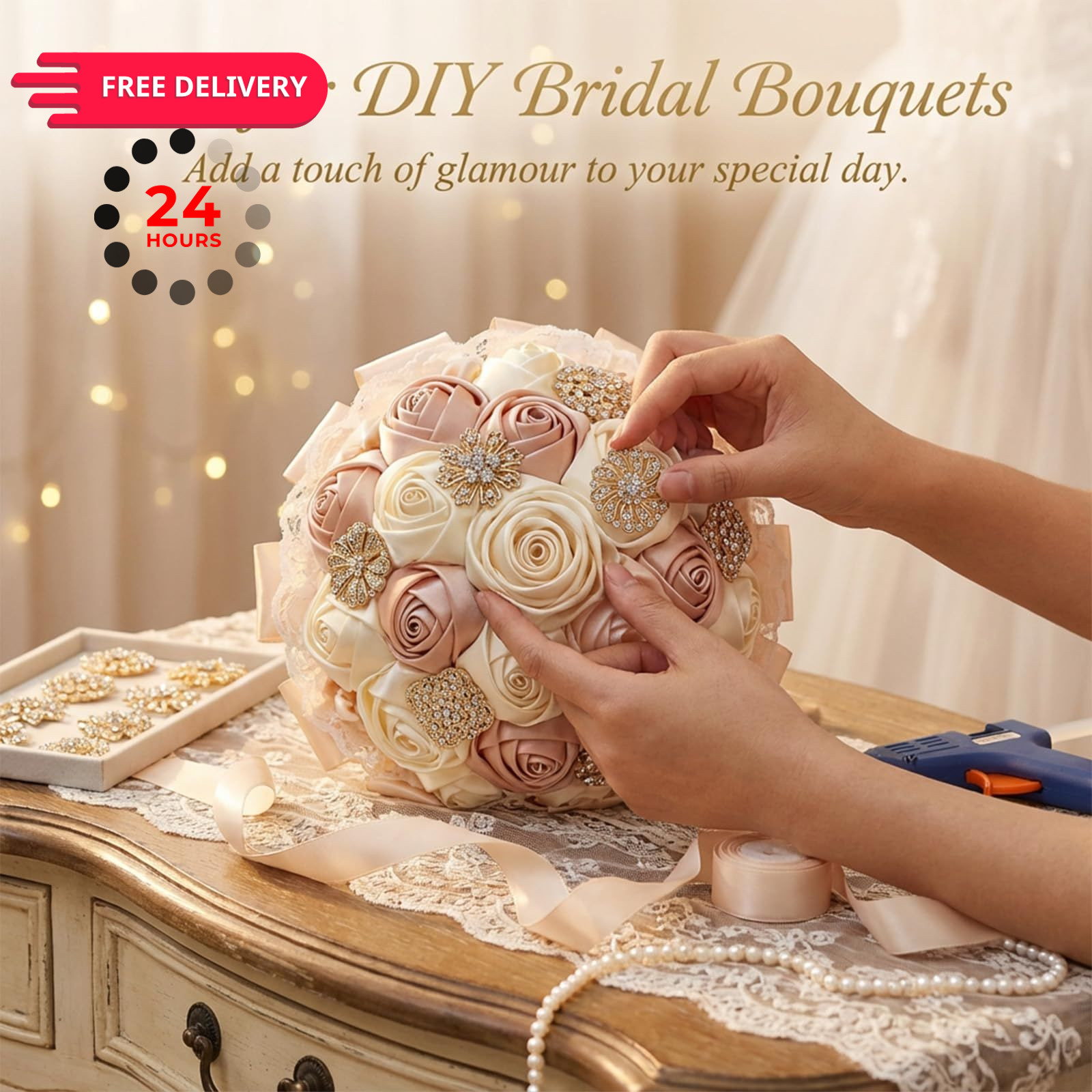 12 Pieces Gold Crystal Wedding Bouquet Brooches for 2.4cm / 0.9inch, Sliver