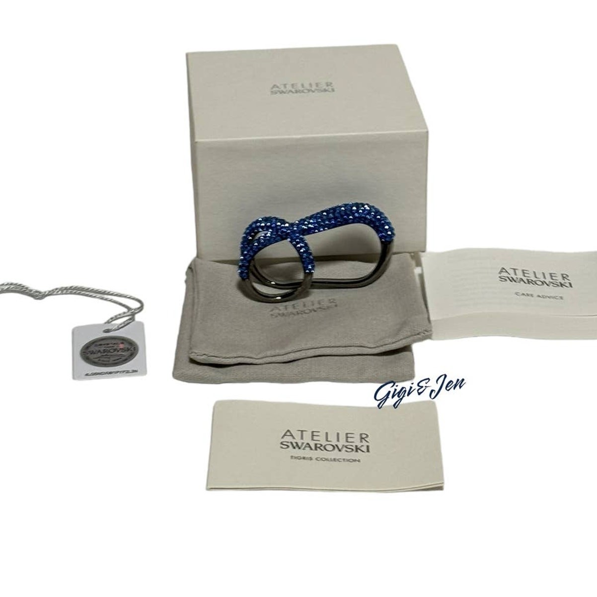 Swarovski Tigris double ring Blue, Ruthenium plated Size 52/6 USA