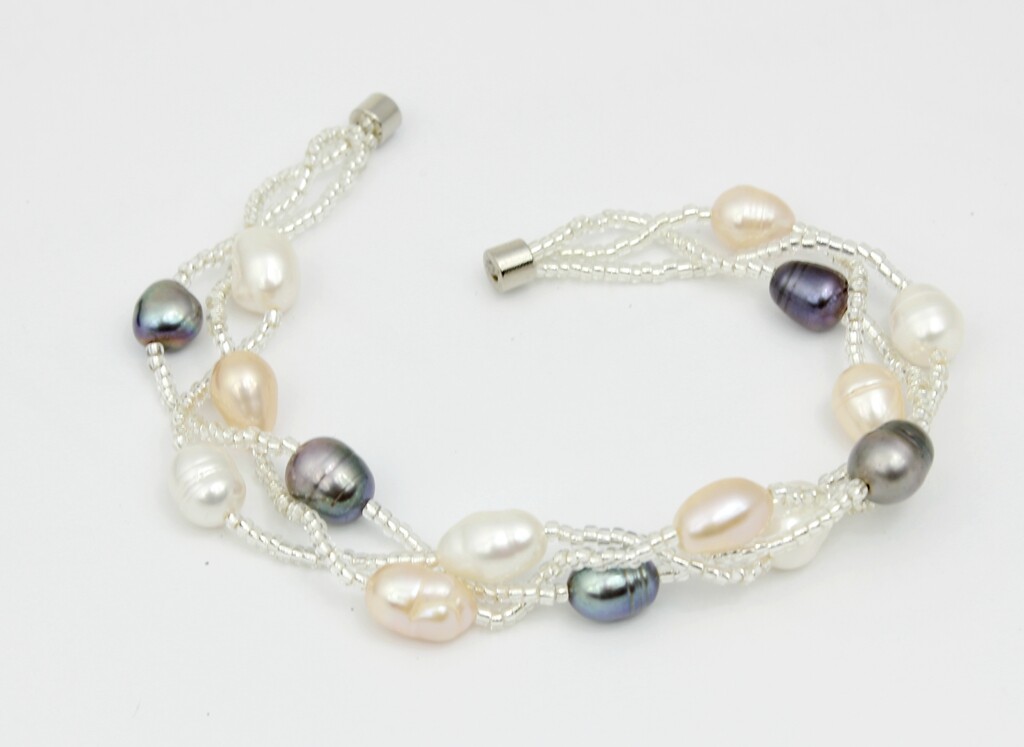 Women Real Black Pearl / Pink /White Pearl Twist Bead Mix Pearl Bracelet 7.5″
