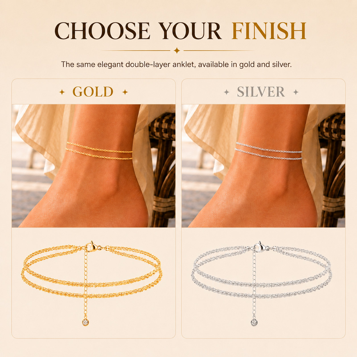 Uxvwez Double Layer Anklet for Women Gold Silver Tone Adjustable Waterproof