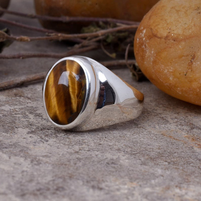 Solid 925 Sterling Silver Natural Tiger’s Eye Oval Gemstone Men’s Unisex Ring