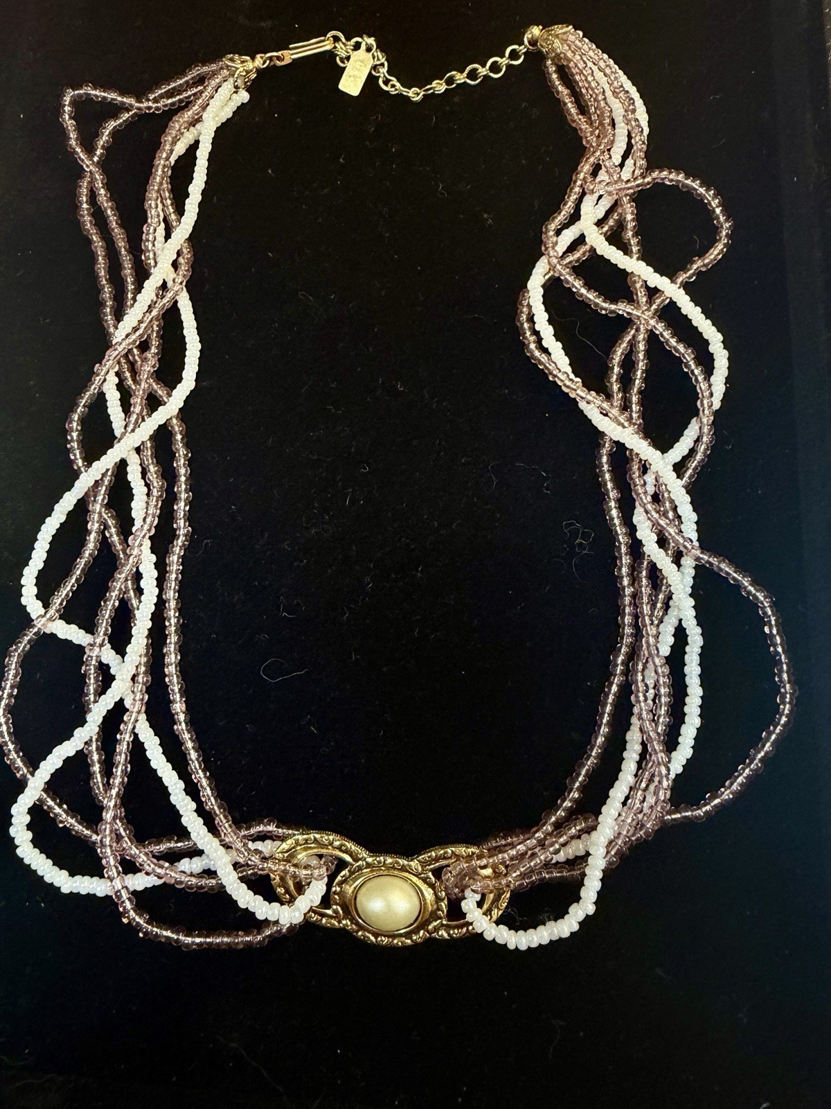 Vintage Signed 1928 Purple & White Beaded Necklace Gold Tone Faux Pearl Center