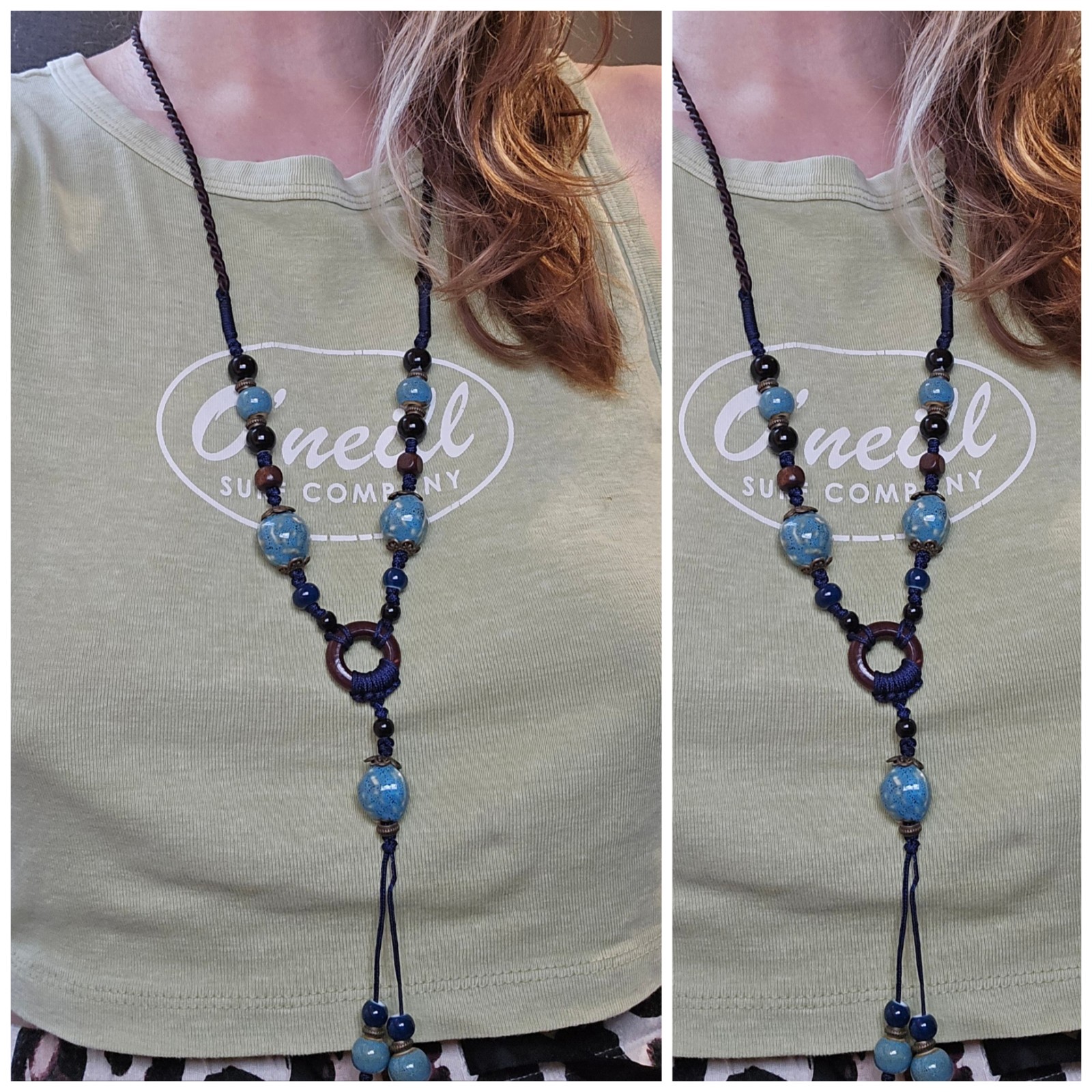 Blue Ceramic Bead Cord Macrame Necklace Chunky Twisted Rope Western VTG Fairy
