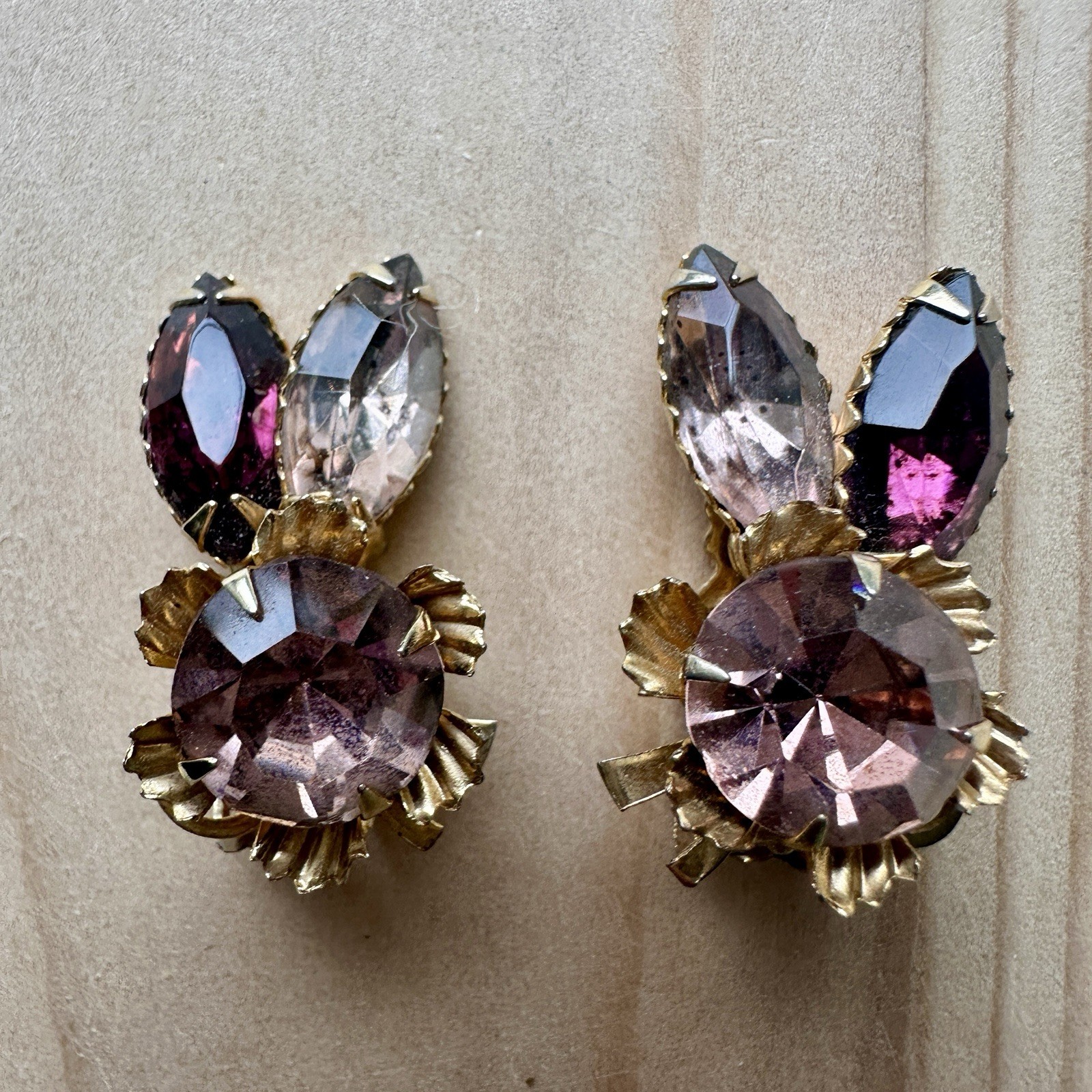 VTG Beau Jewels Clip Earrings 1 Inch Purple Navette Crystal Gold Plated Unsigned