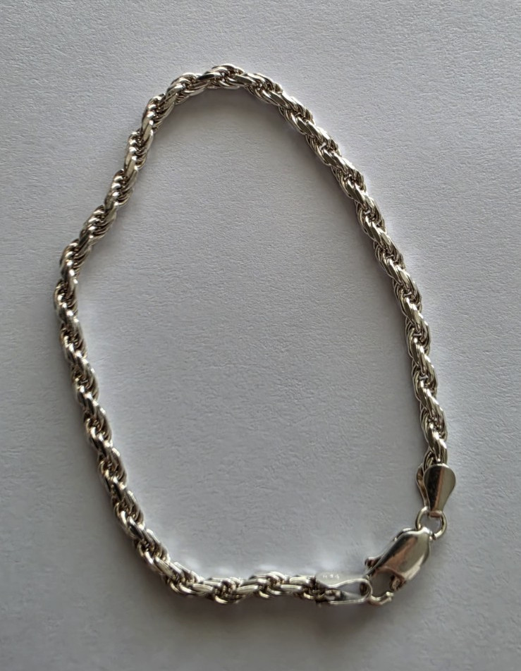 Sterling Silver 925 Rope Chain Bracelet 7. 5 inch Lobster Clasp Italy Marked