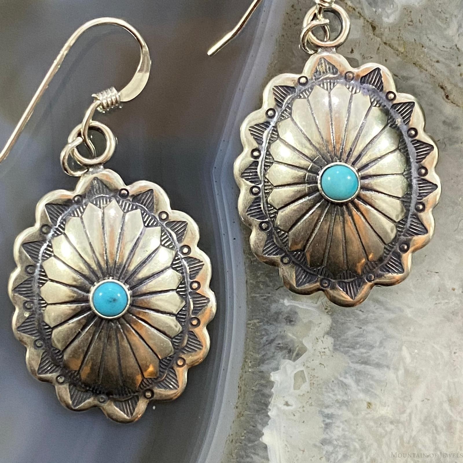Native American Sterling Turquoise Dot Stamped Concho Dangle Earrings For Women