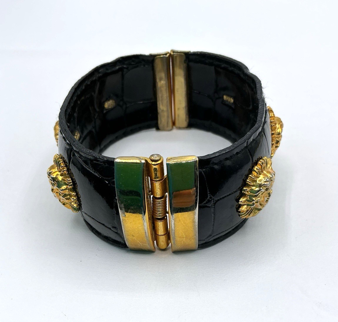 Vintage Black Patent Leather Gold Tone Medusa Accents Hinged Clamper Bracelet