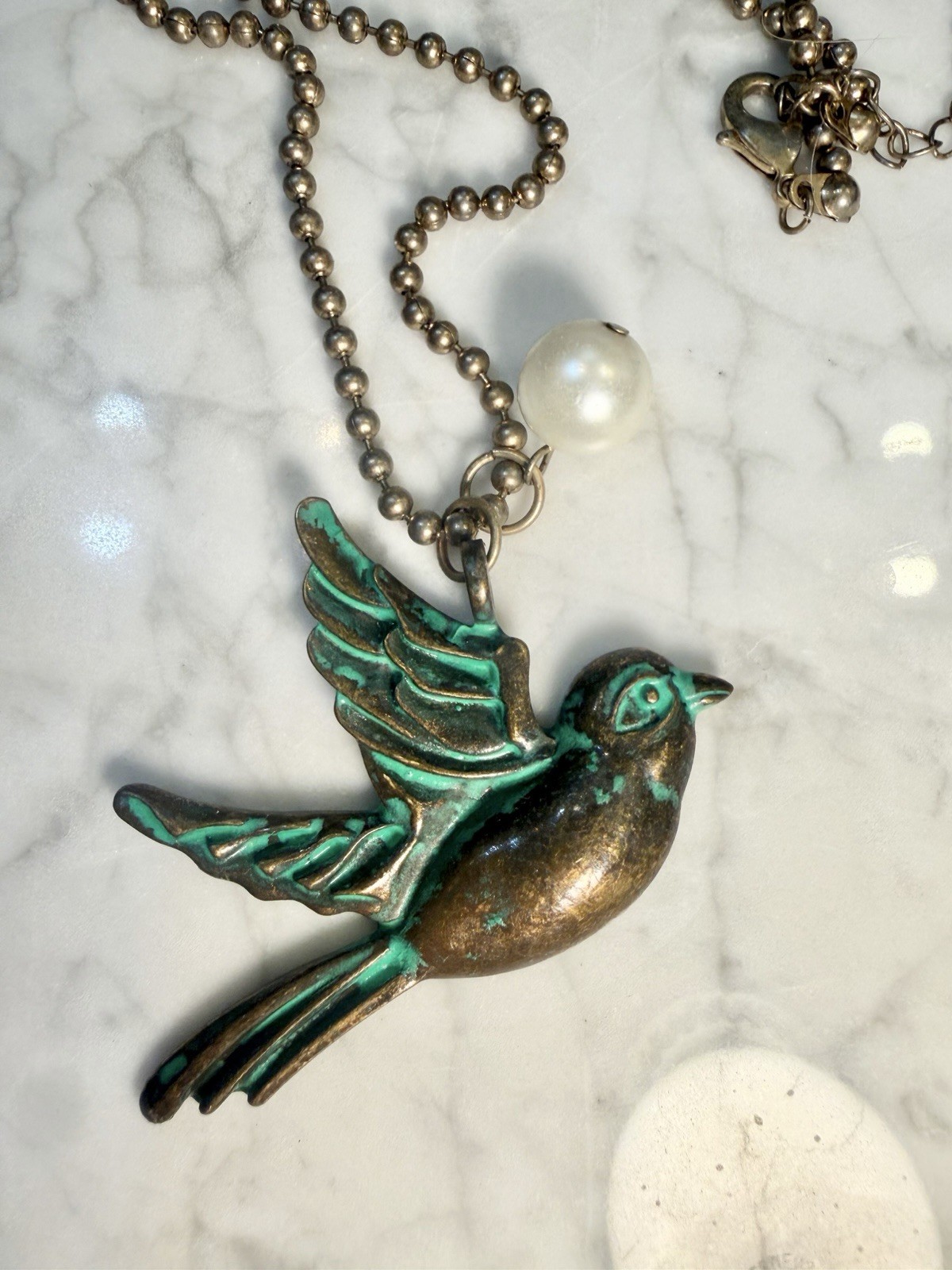 Antique style Hummingbird necklace Turquoise patina Bronze + lg Pearl Statement