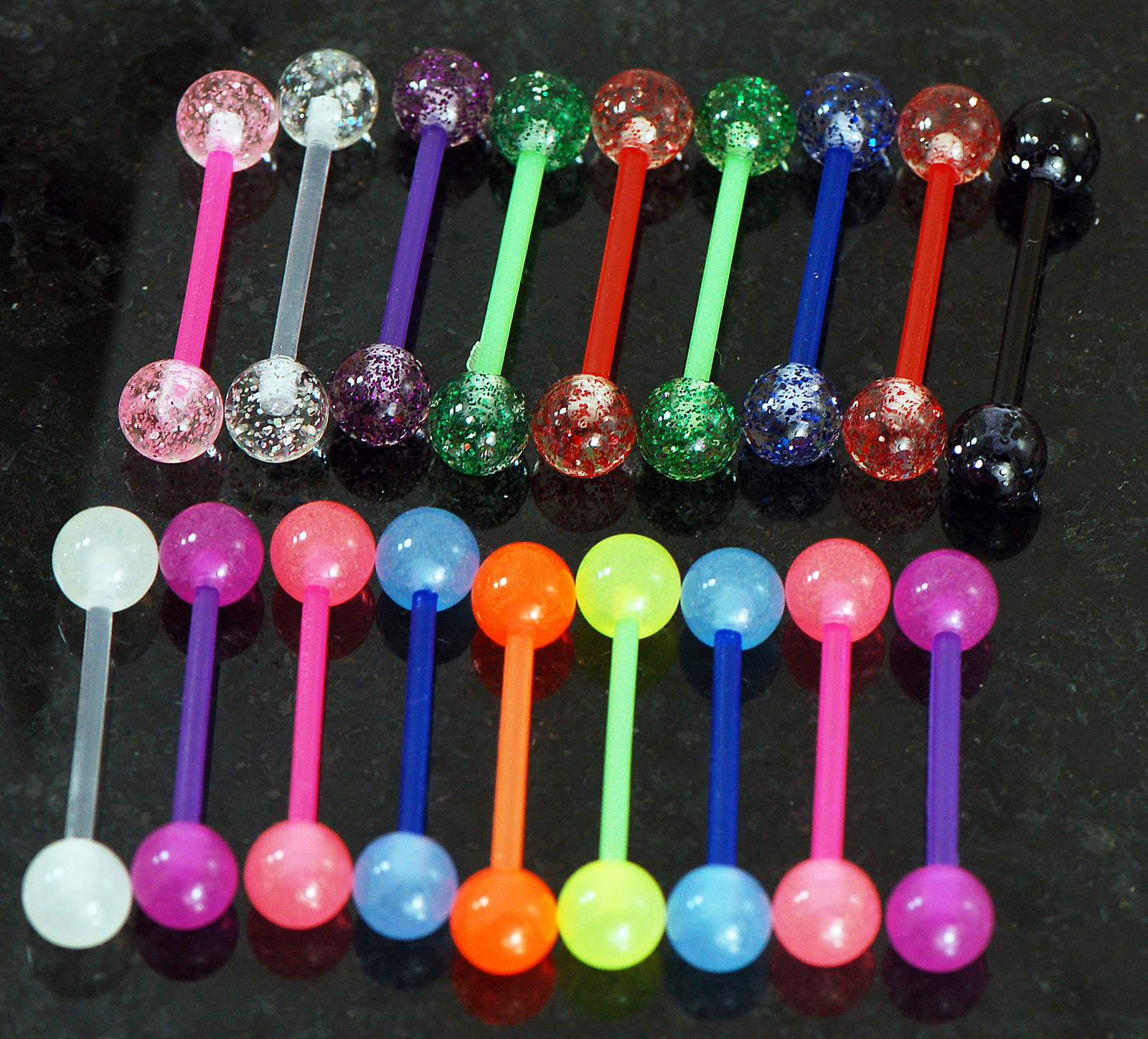 20Pc Mix Glow In The Dark + Glitter Bio-Flexible Tongue Barbells, Nipple Rings
