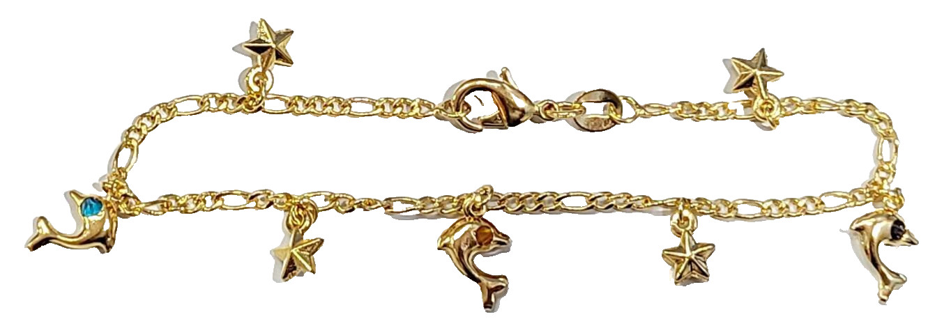 Dolphin Bracelet Dangle Colored Stones Stars 7.5 inch Long 14k Gold Filled # 15