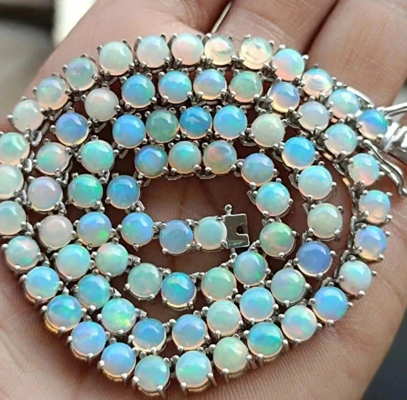 14CT Round Cut Lab Created Fire Opal Women Tennis Necklace 14K White Gold Plated