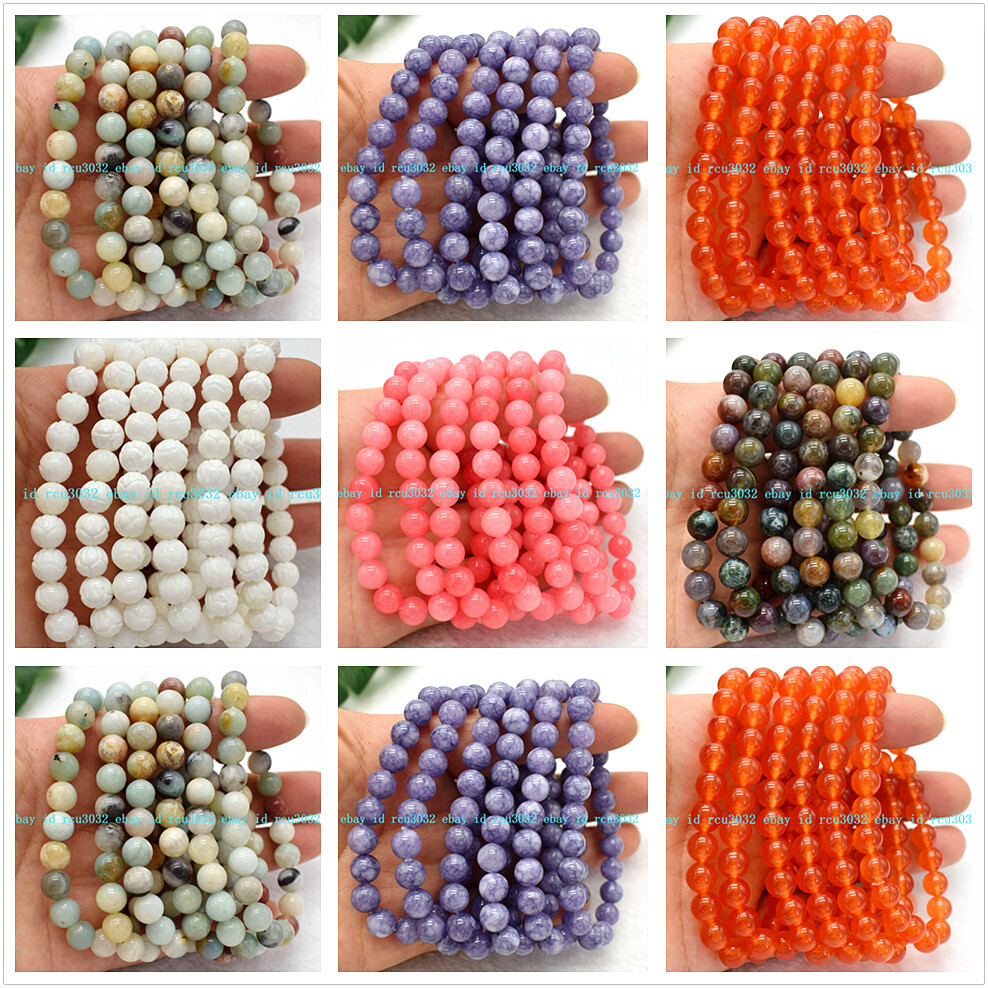 Wholesale 6 Pcs Natural 6/8/10/12mm Gemstone Crystal Stretch Bracelet 7.5″