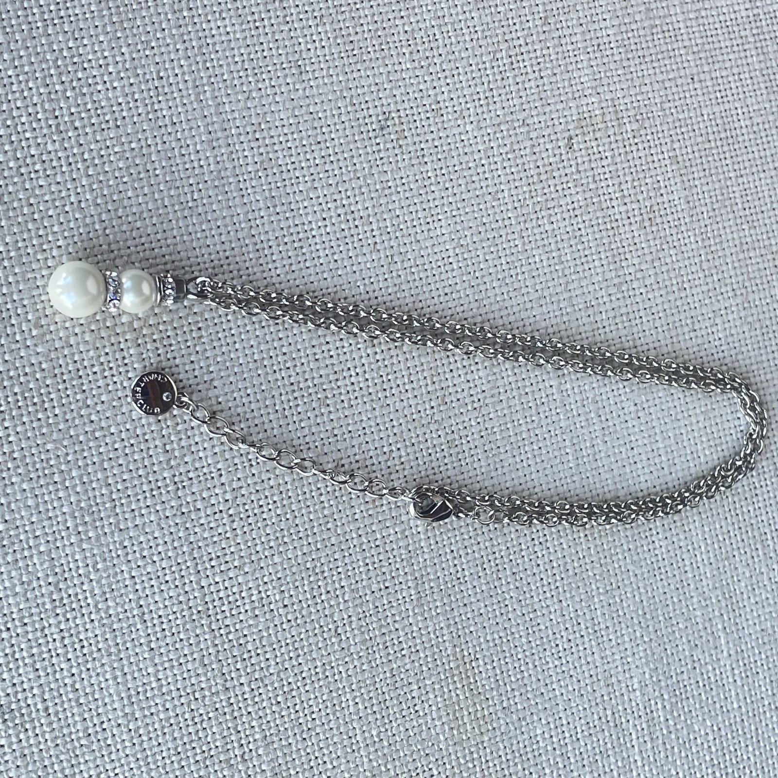 Charter Club Faux Pearl Rhinestone Pendant Necklace Silver Tone Signed 18-20”