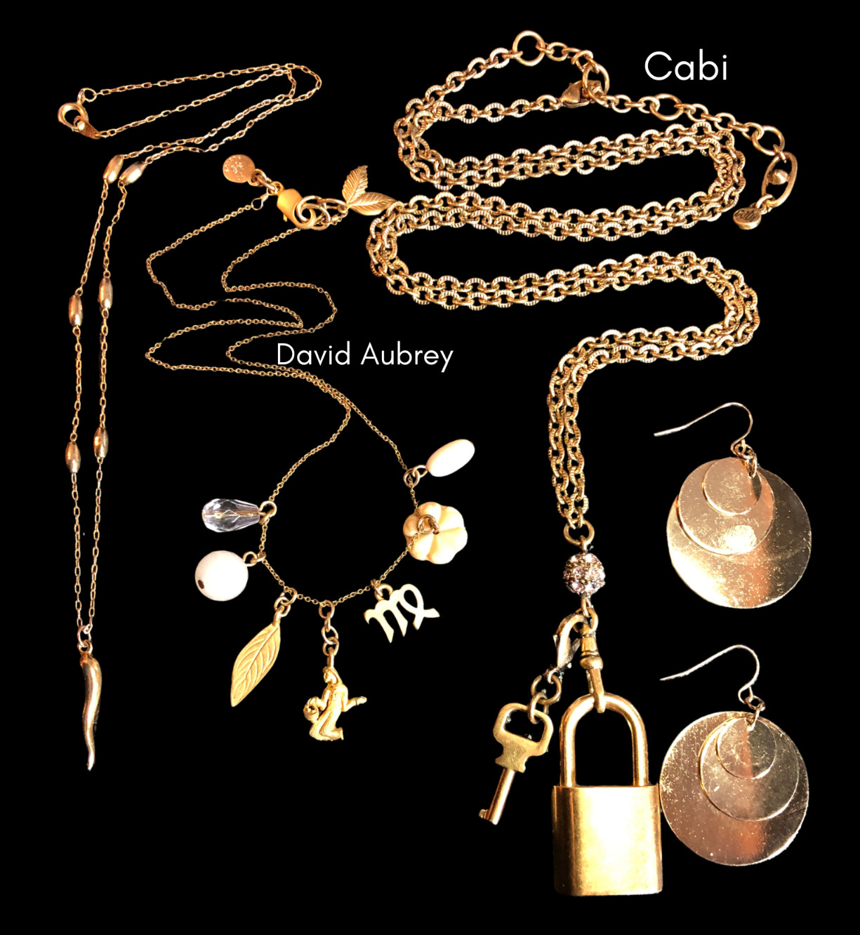 CABI Gold Lock Key Necklace +David Aubrey Virgo Horoscope Zodiac Necklace + 8457