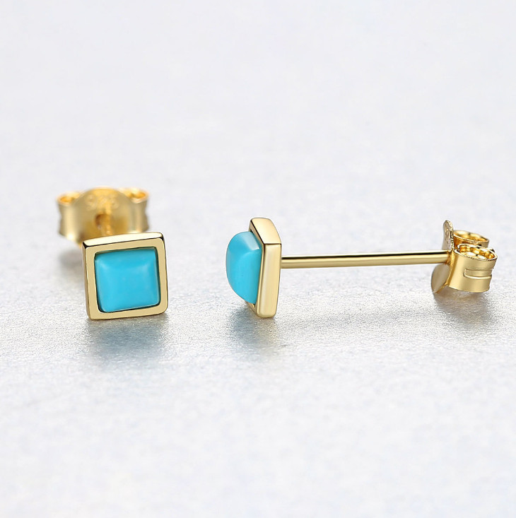 14K Gold Sterling Silver 4mm square beaded Turquoise post stud earrings Box PE44