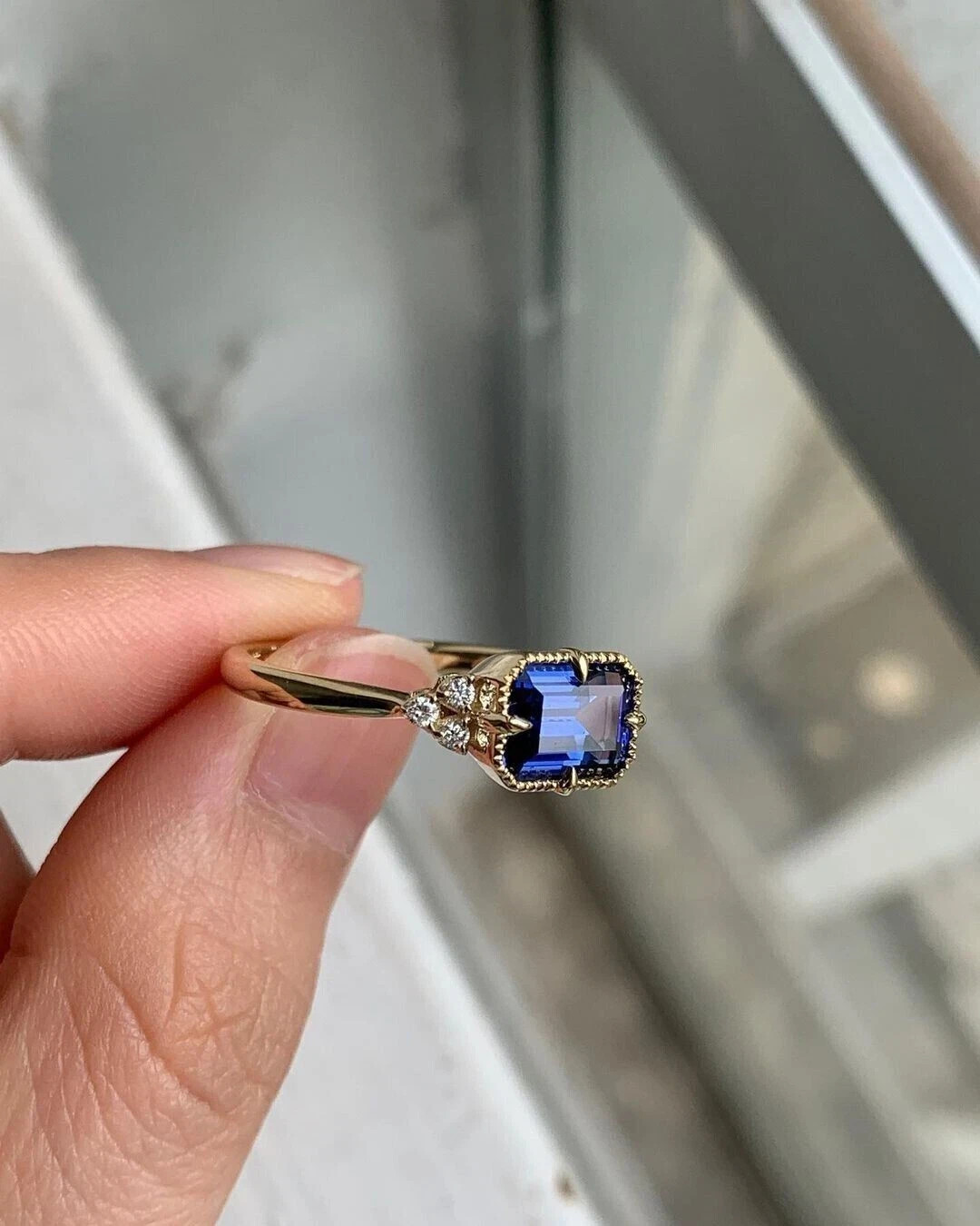 Art Deco Emerald Cut Sapphire & Lab Created Diamond Engagement 14K Gold FN Ring