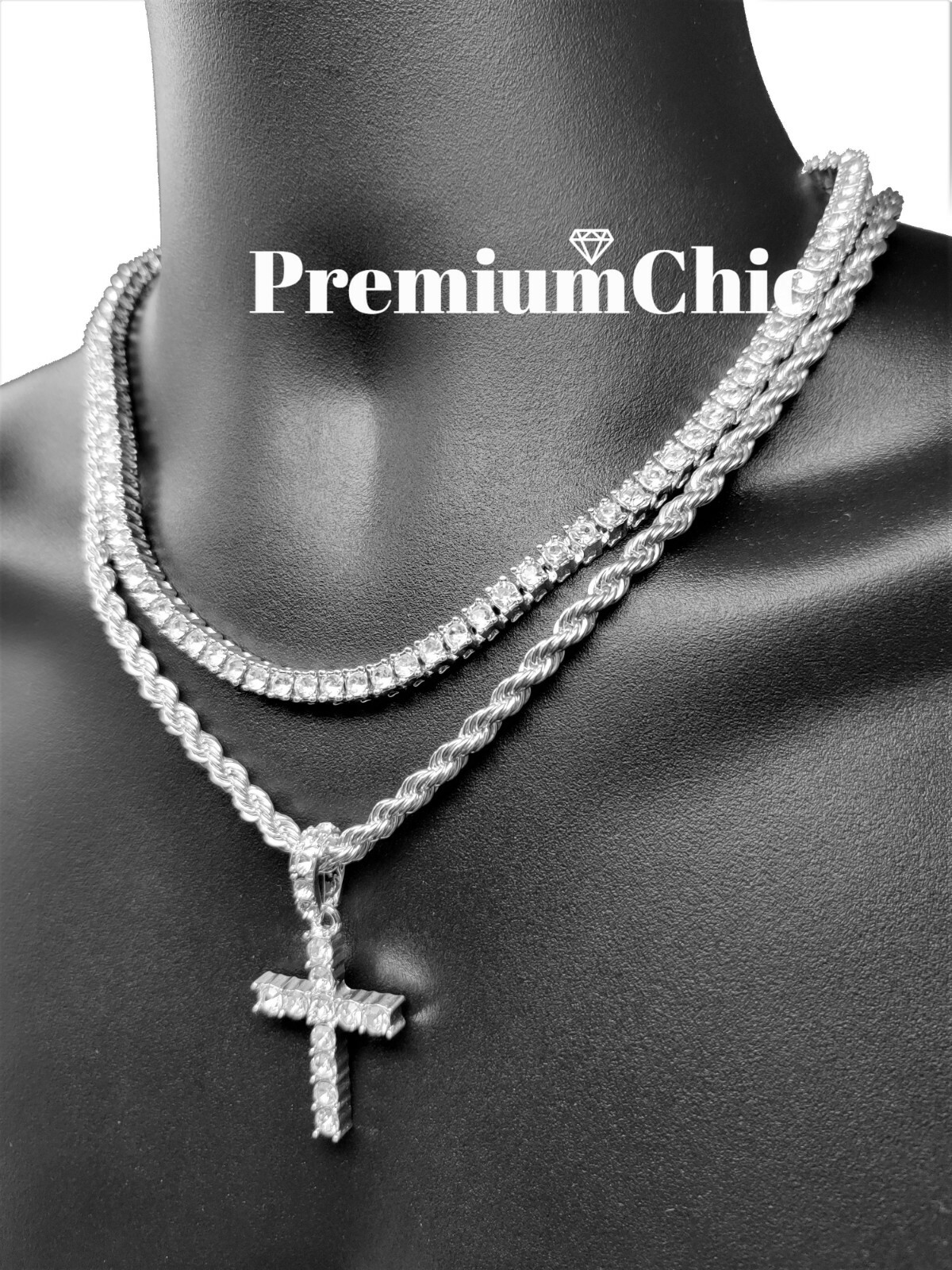 3pc SET, Tennis Choker Rope Chain, Cross Pendant Gold Plated Hip Hop CZ Jewelry