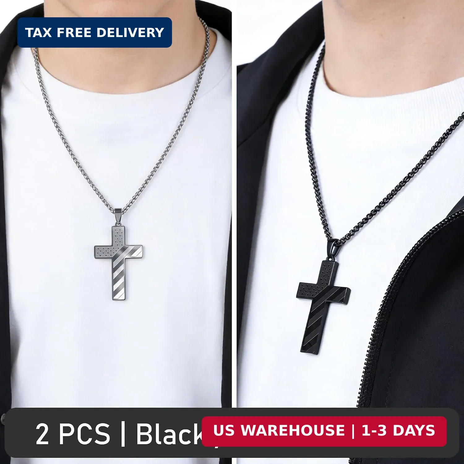 Cross Necklace for Men, 2 Pcs American Flag Bible Verse Chain for Confirmation E