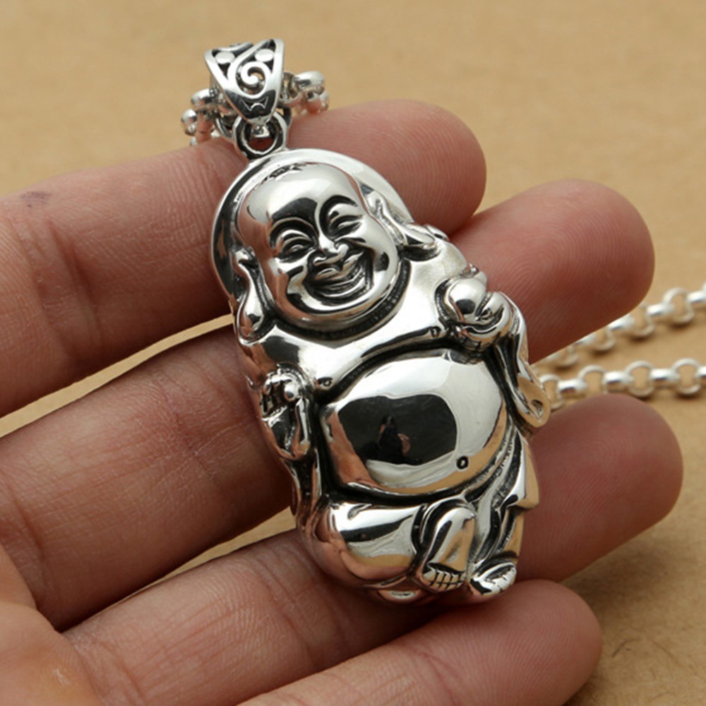 Pure S925 Sterling Silver Men Women Smooth Buddha Pendant 29-30g 55*29mm