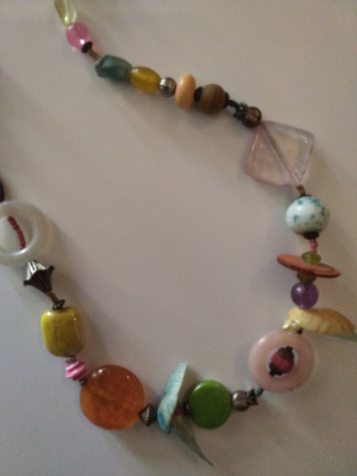 Vintage Bohemian Mixed Media Beaded Necklace 34″ Art Glass Wood Stone Shell