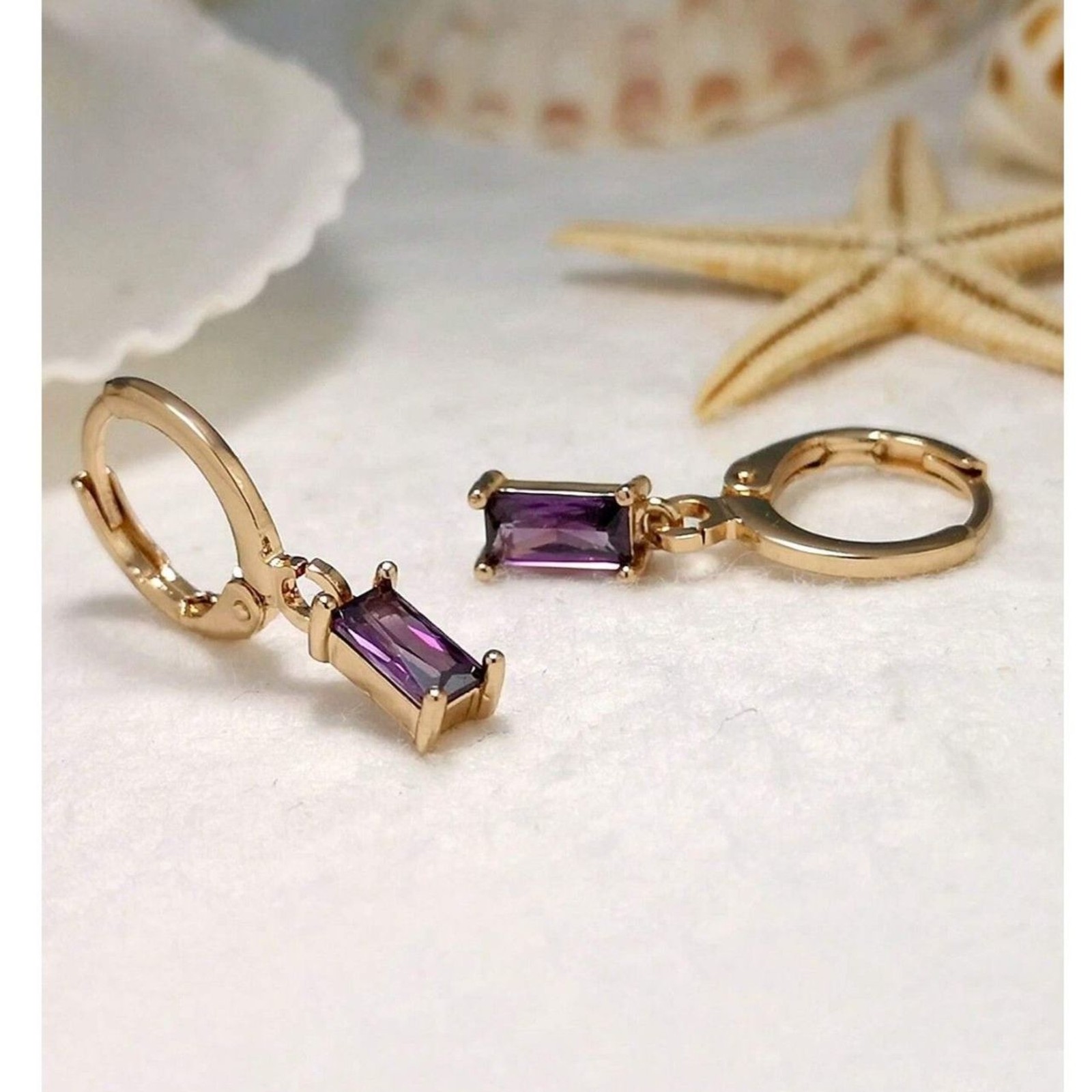 Emerald Cut Purple Zirconia Gold Hoop Earrings Dangle Pendant Drop Crystal Charm