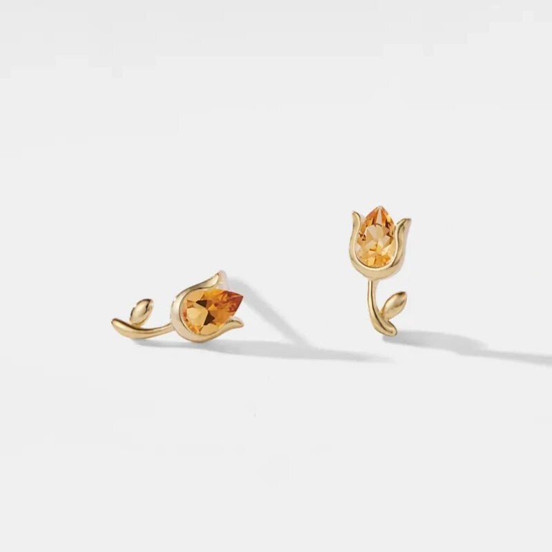 Citrine Orange Crystal Tulip Flower Stud Earrings in 925 Sterling Silver