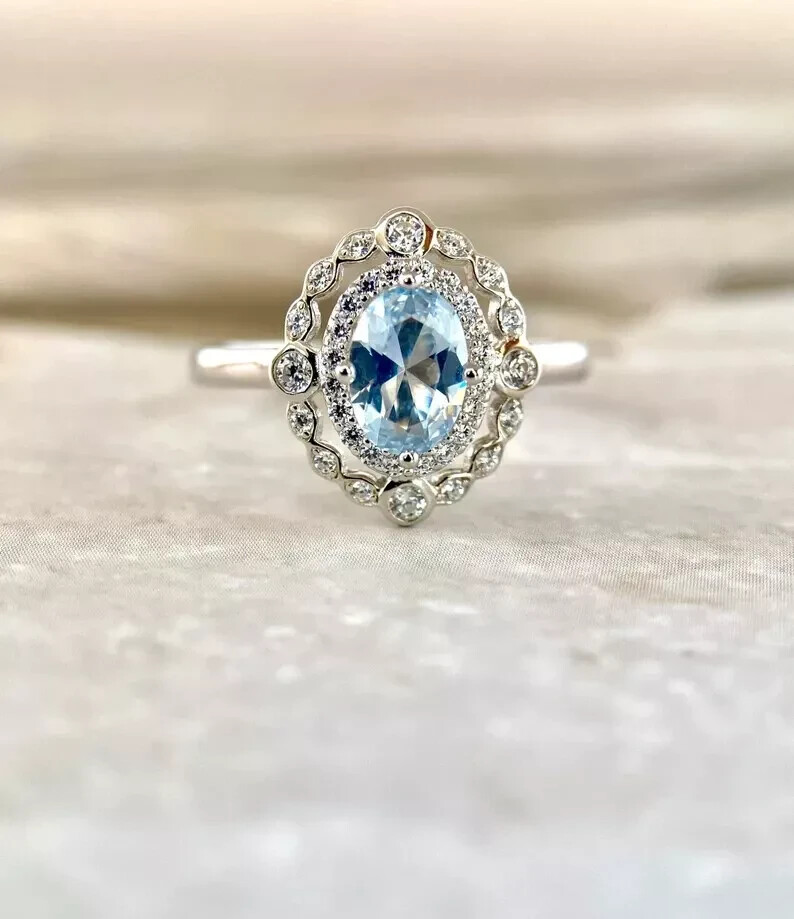 14k White Gold 2.70 Ct Oval Natural Aquamarine Diamond Engagement Ring Solid