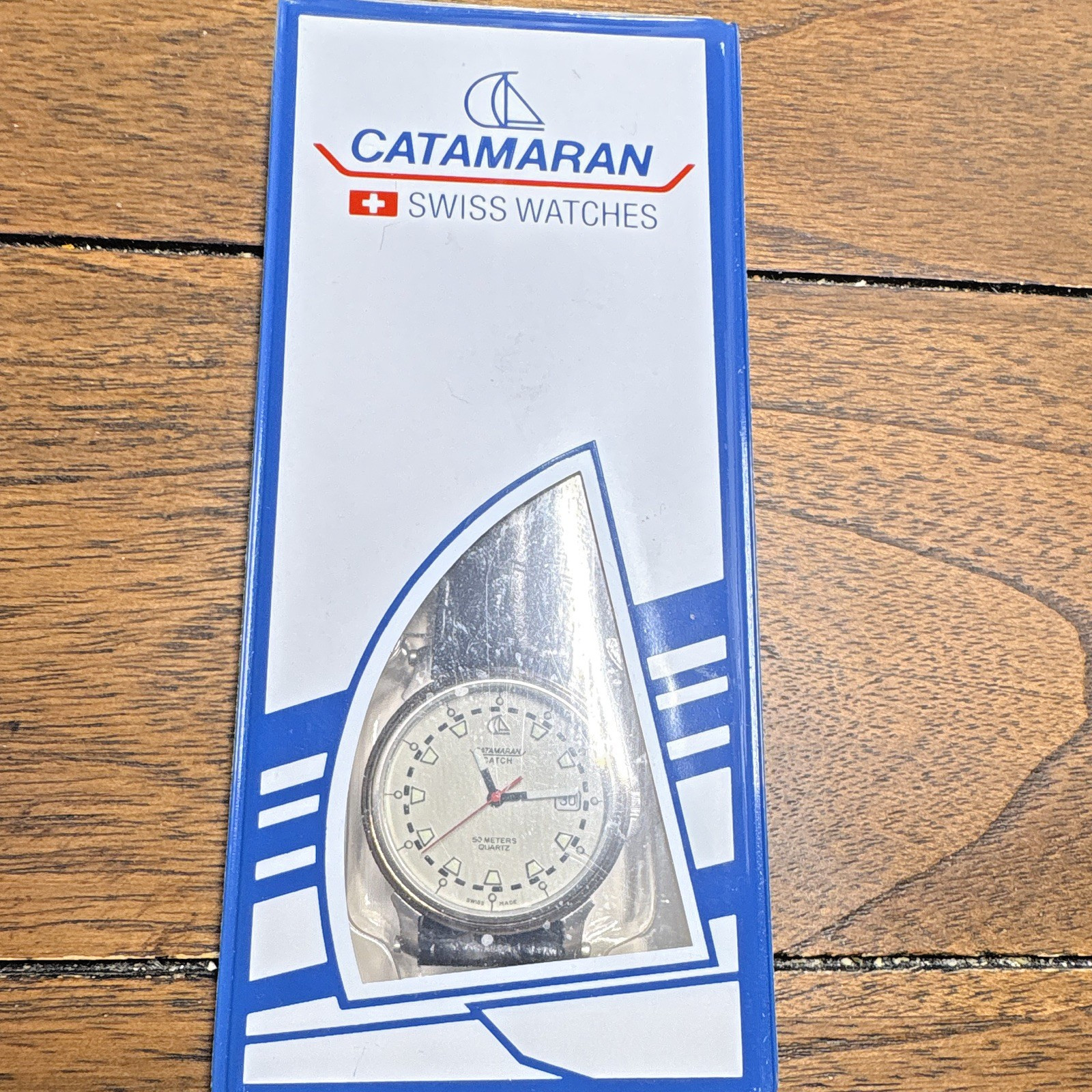 Catamaran Swiss Quartz Wristwatch 50m Silver Dial Black Leather Strap Date- need