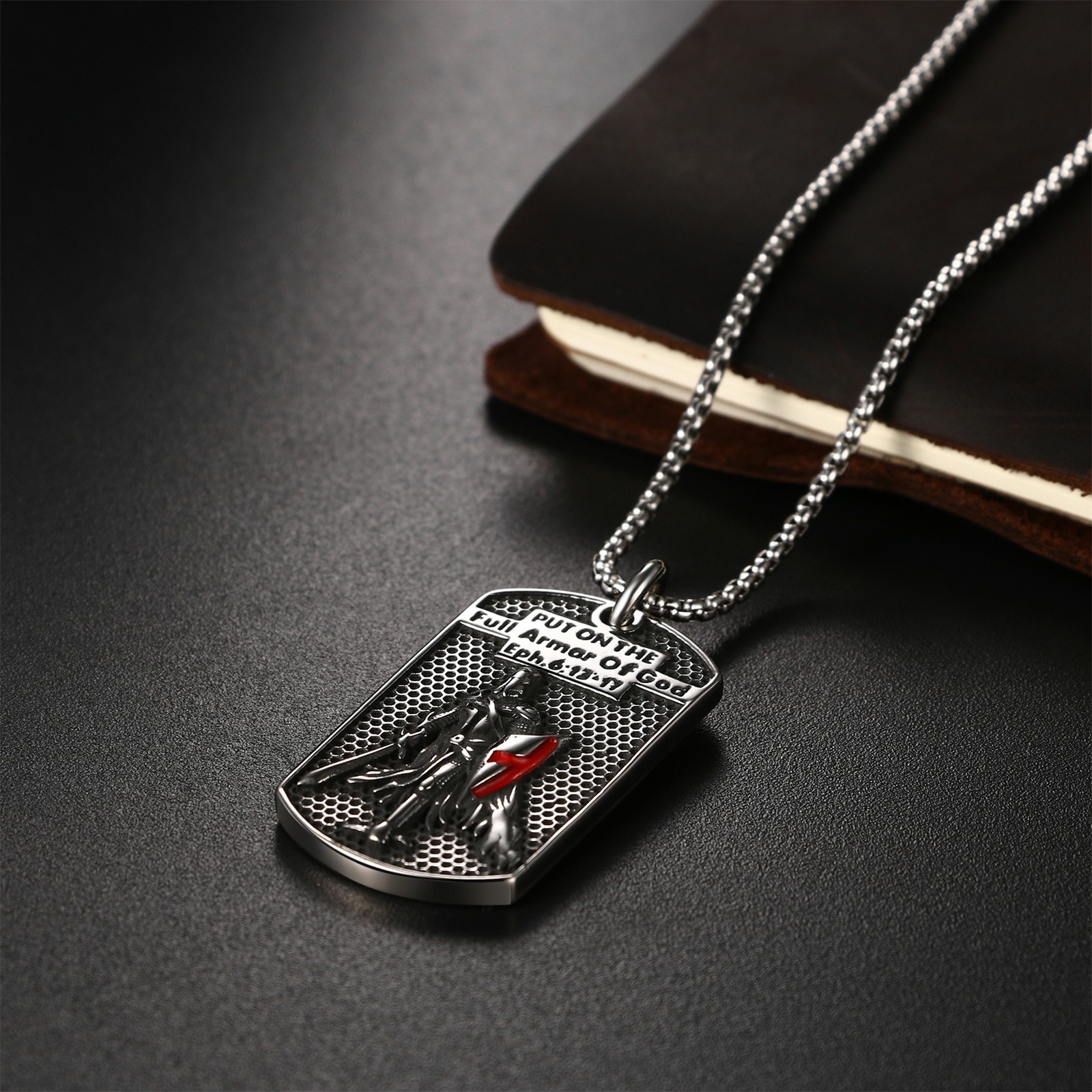Men’s Knight Templar Armor of God Necklace Ephesians 6:13-17 Red Cross Pendant