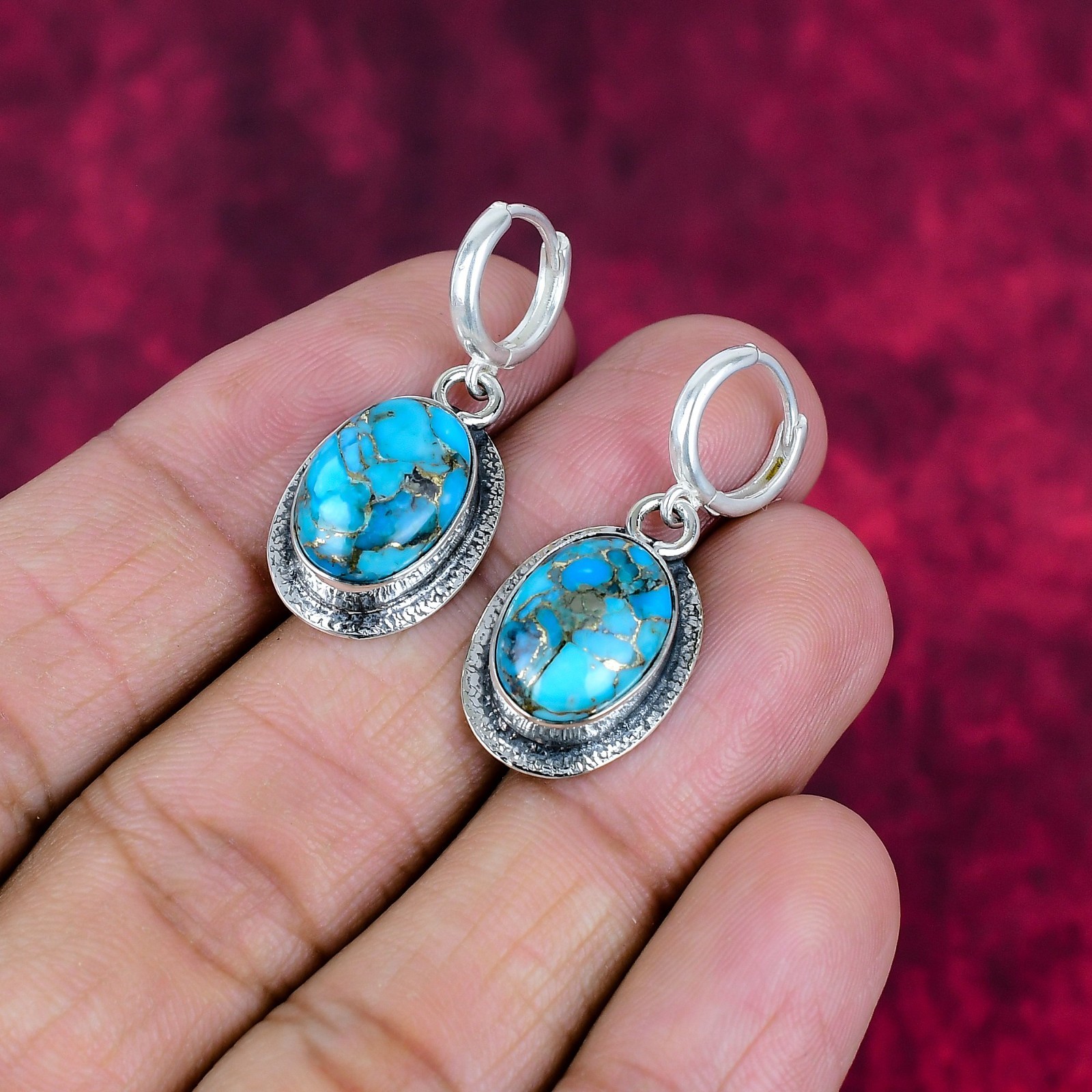 Blue Copper Turquoise Gemstone Handmade Jewelry 925 Sterling Silver Earrings