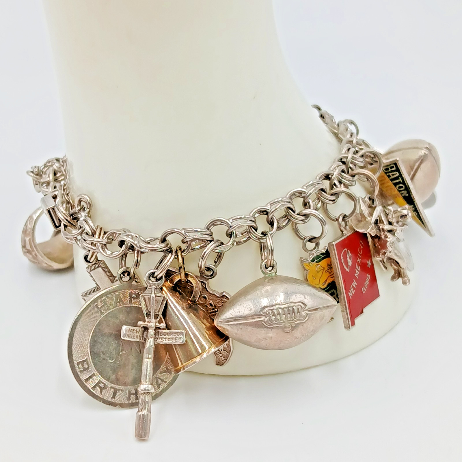 VTG 60s Charm Bracelet 8in Sterling Silver 70g JANE School Travel Faith South US
