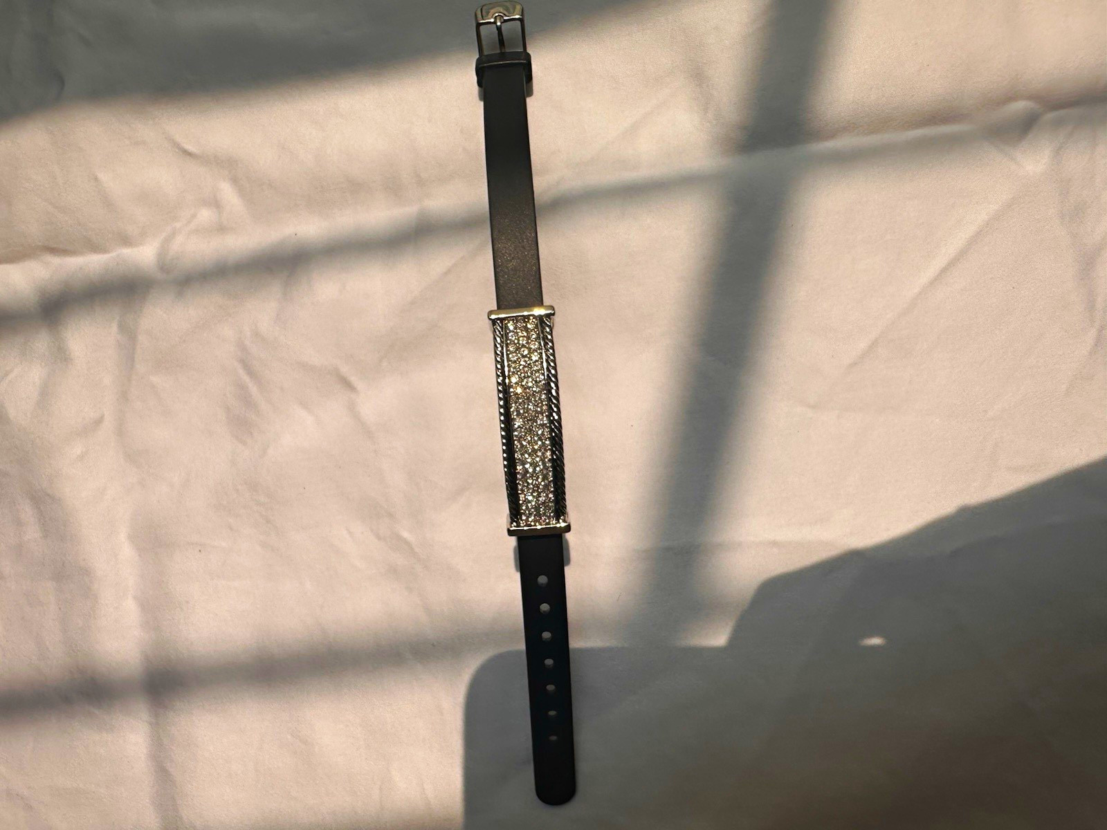 Black Faux Leather Buckle Bangle Bracelet Rectangular Pavé Crystal Panel
