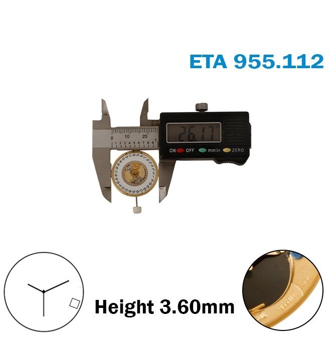 ETA 955.112 Swiss Quartz movement-Height:3.60mm- White Date Disk at 4 Horizontal