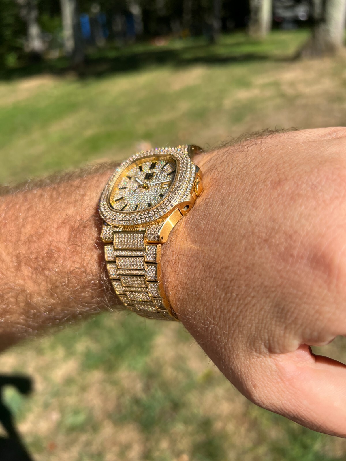 Real Mens Watch Fully Iced Gold Over Stainless Steel Bust Down Out 41mm Hip Hop