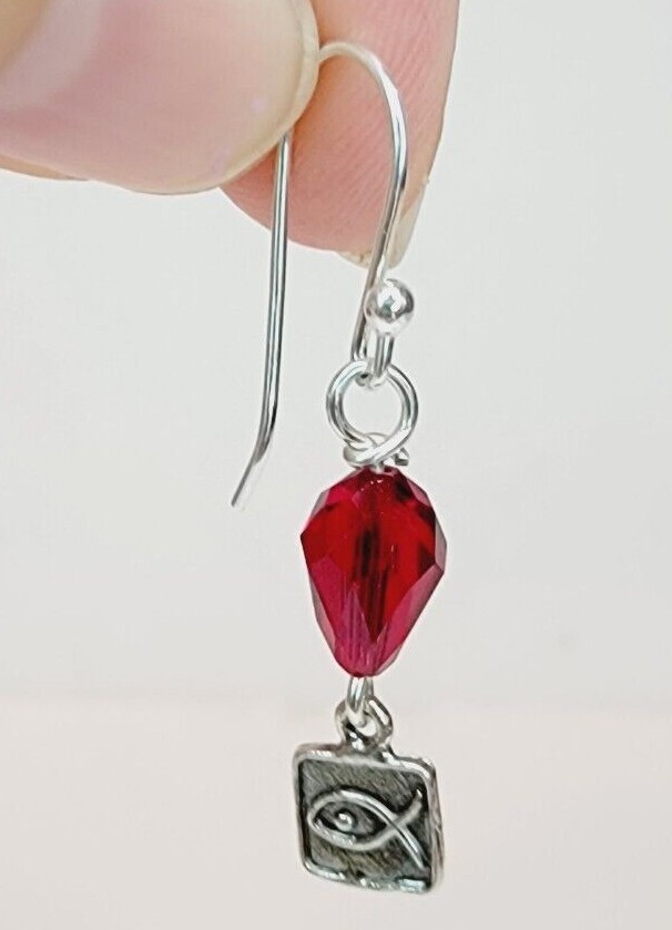 Hypoallergenic Dangle Earrings With Swarovski Crystals Red Color And Jesus Fish