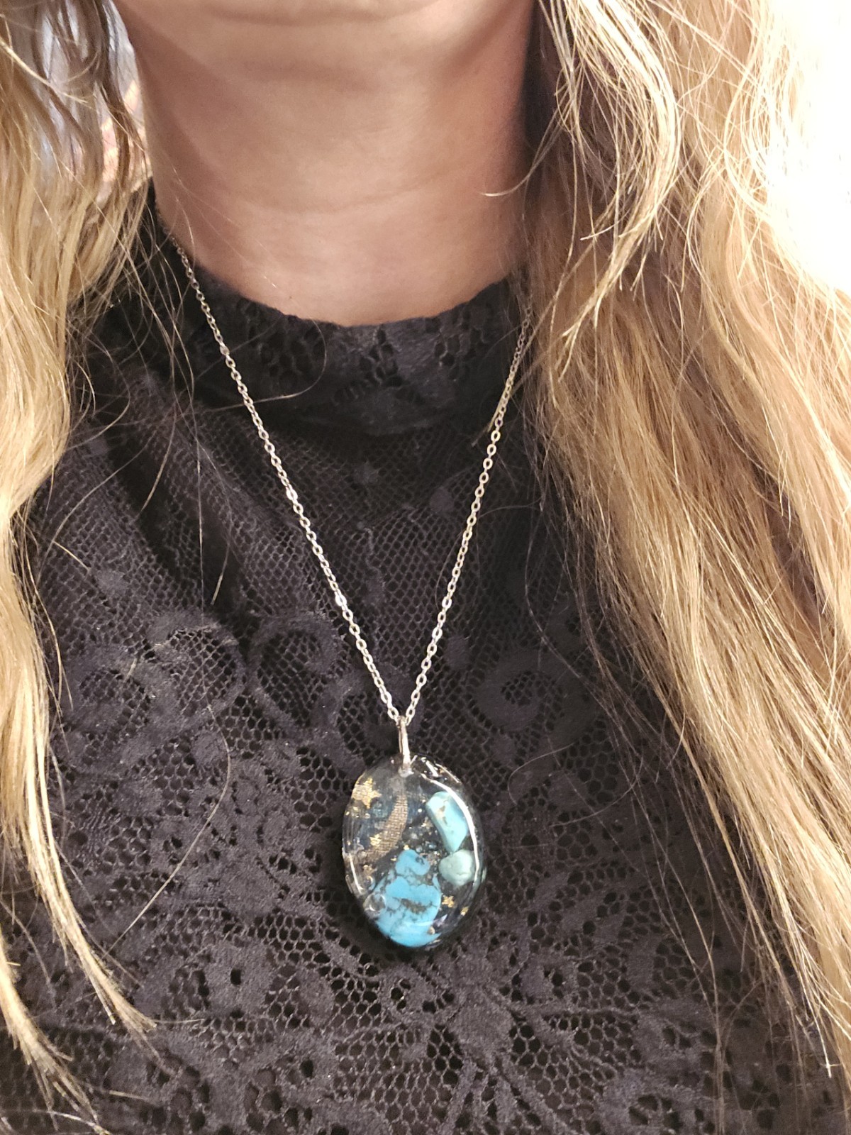 Turquoise Galaxy Resin Pendant Artisan Necklace 20 Inch Stainless Steel Chain