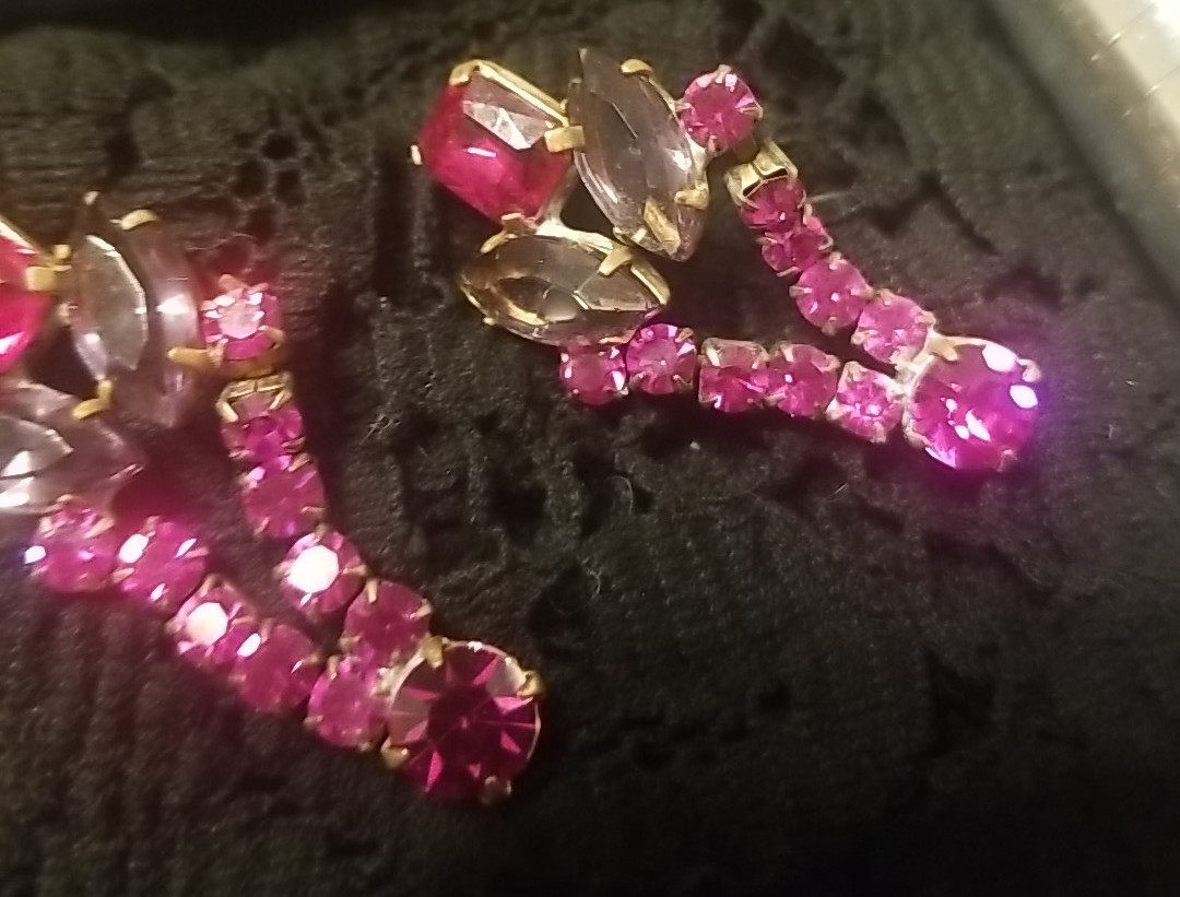 Antique, BIJOUX MG, Earrings&Ring Set, Rhinestones, Ring Size 8, Dark Pink, Gray