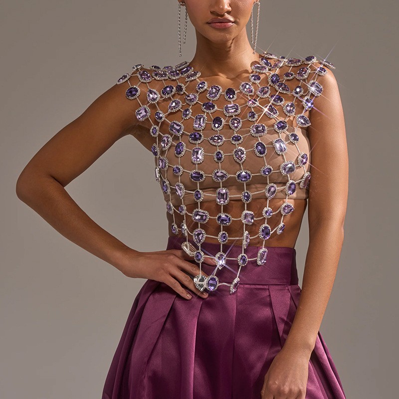 New Women Rhinestone Tops Chest Chain Luxury Club Show Body Chain Street Party