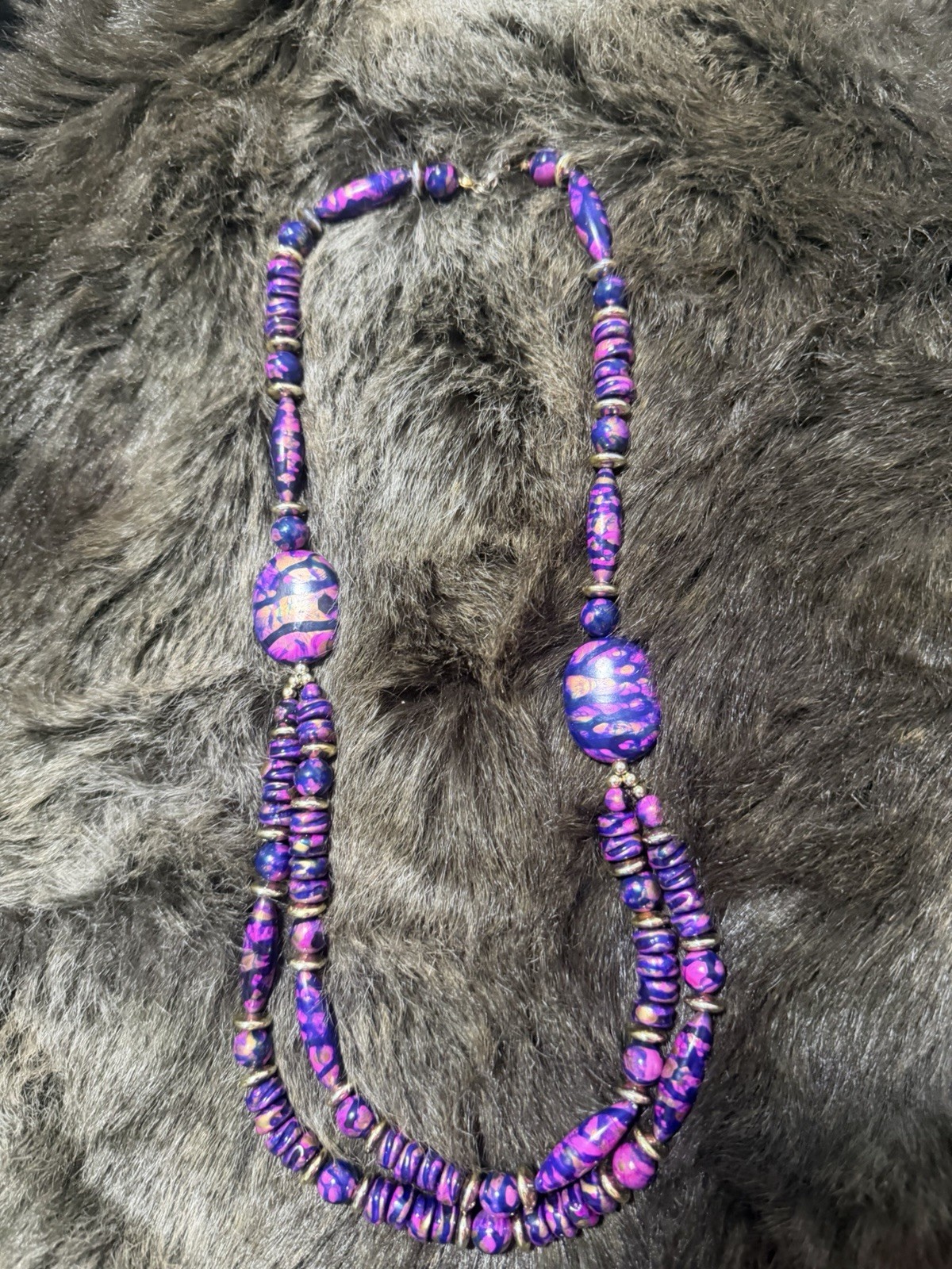 Beaded Necklace Ball/Bead Chain Round Purple & Blue Beads Lobster Clasp