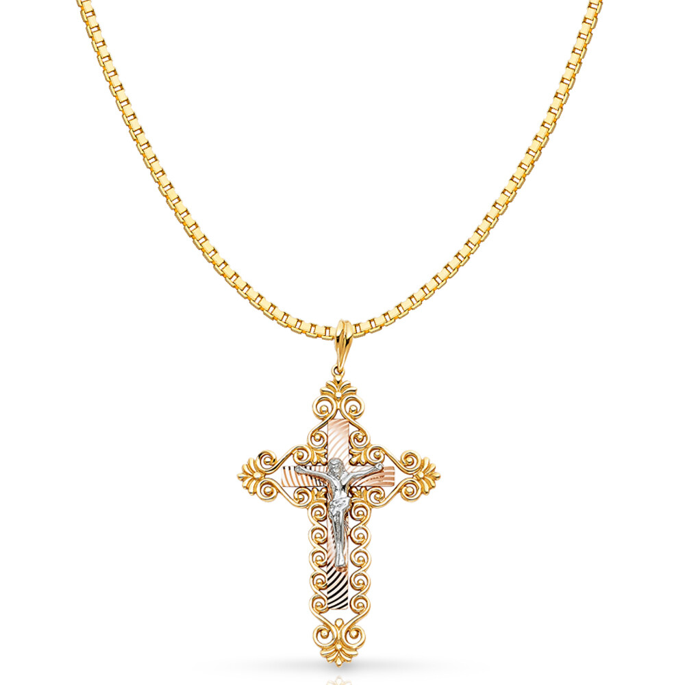14K Tri Color Gold Religious Crucifix Charm Pendant & 1.2mm Box Chain Necklace