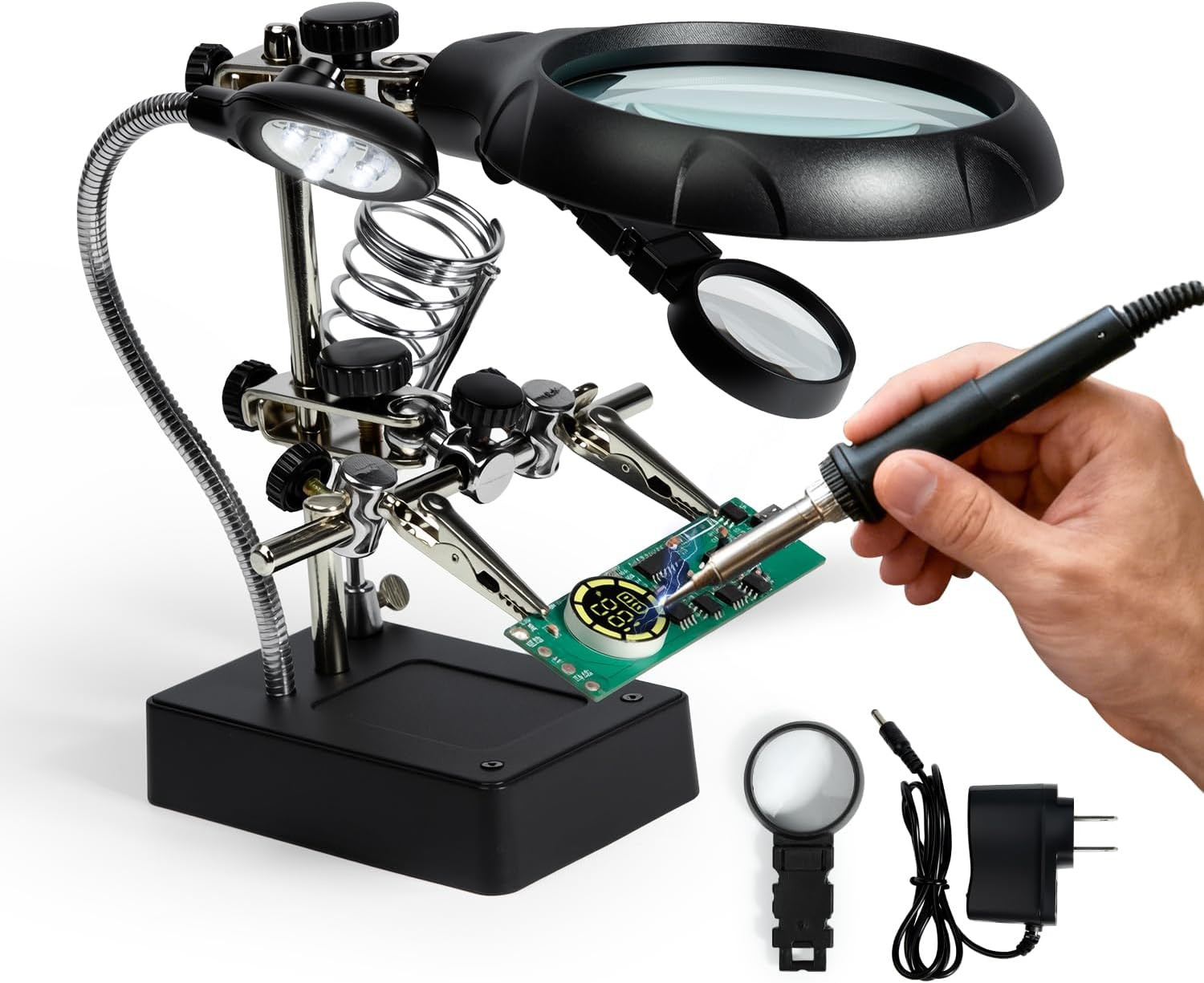 Desktop LED Lighted Magnifying Glass Soldering Station, Adjustable