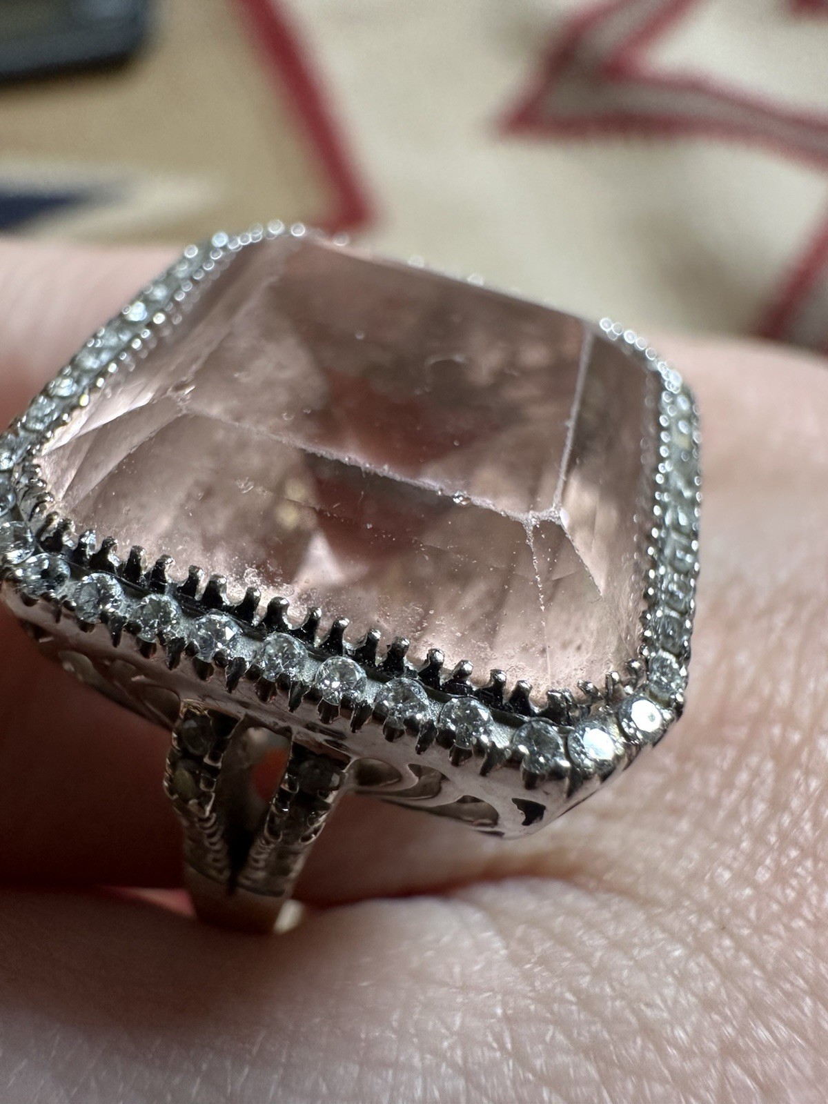 Vintage Estate 18k White Gold Pink Topaz And Diamond Cocktail Ring 4.5