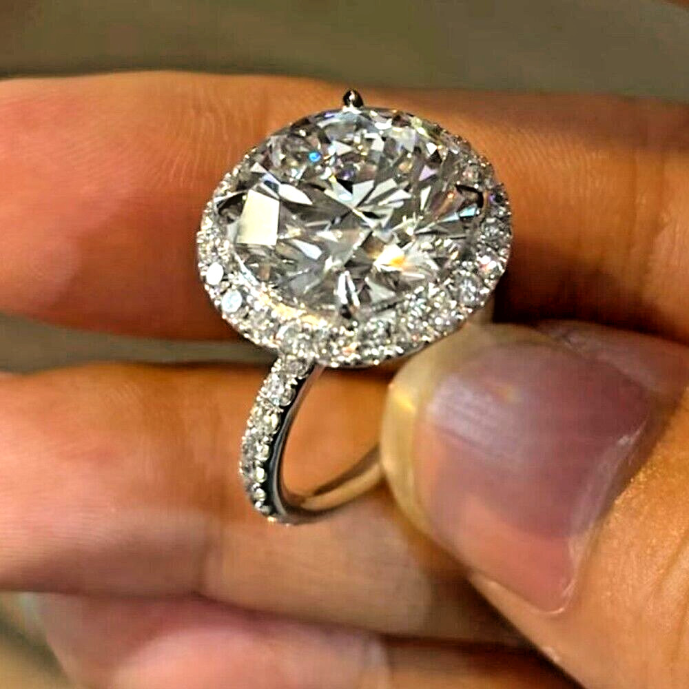 4.98 TCW Round Cut Moissanite Halo Engagement Ring 14K White Gold Plated